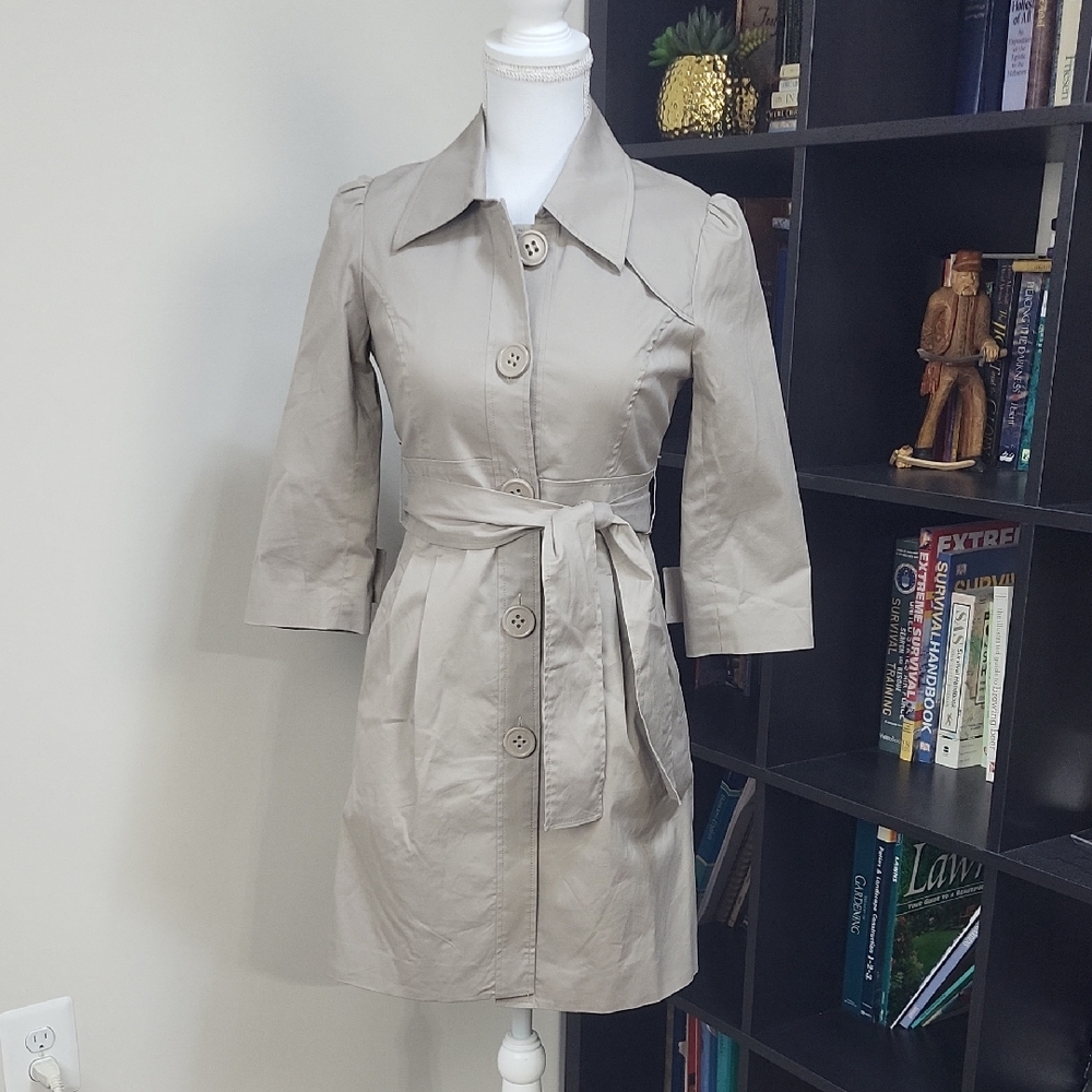 BB DAKOTA Beige Cotton 3/4 Sleeve Button Down Belted Trench Coat